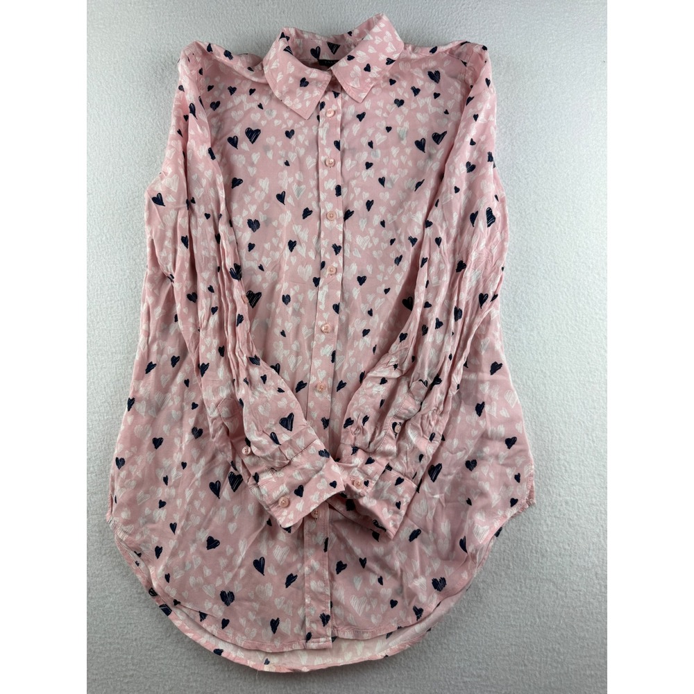 Talbots Heart Print Long Sleeve Button Up Blouse Collared Top Relaxed Fit Pink S